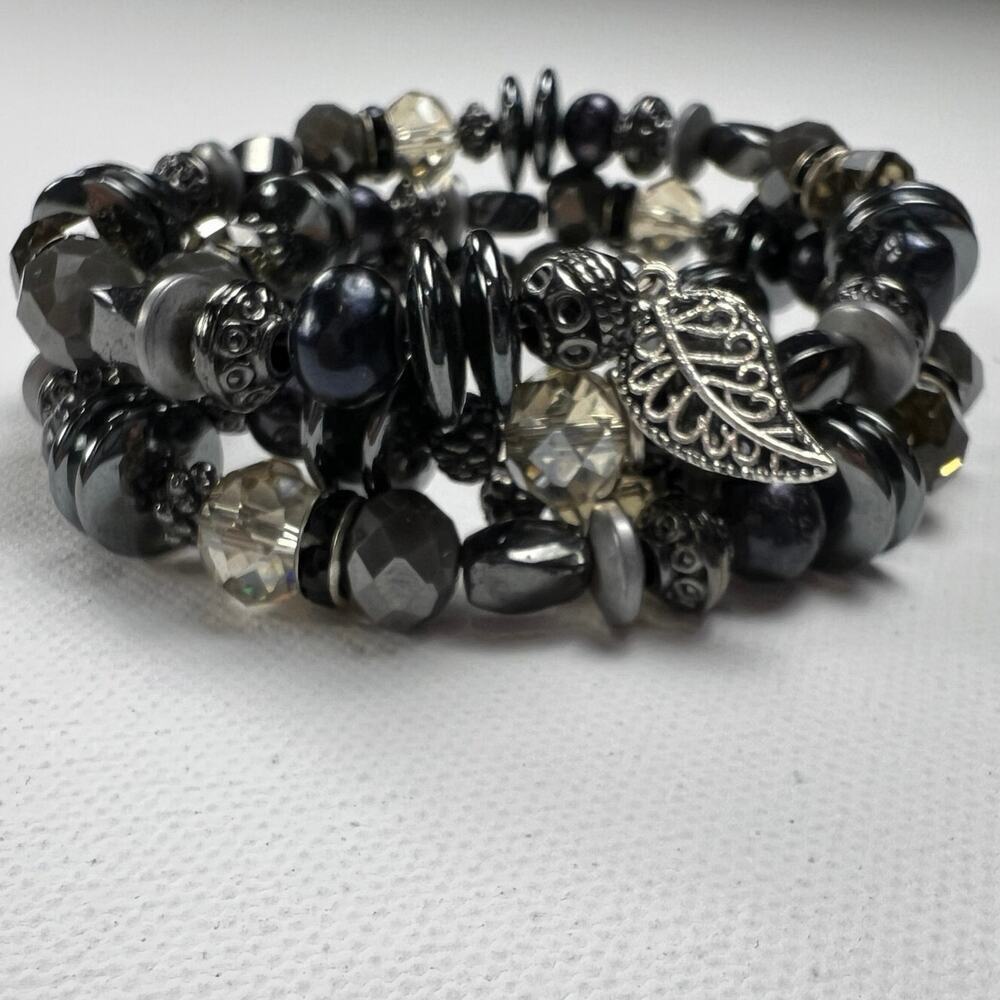 Handmade Beaded Coil Bracelet Mixed Metals and Glass Black Hematite Style